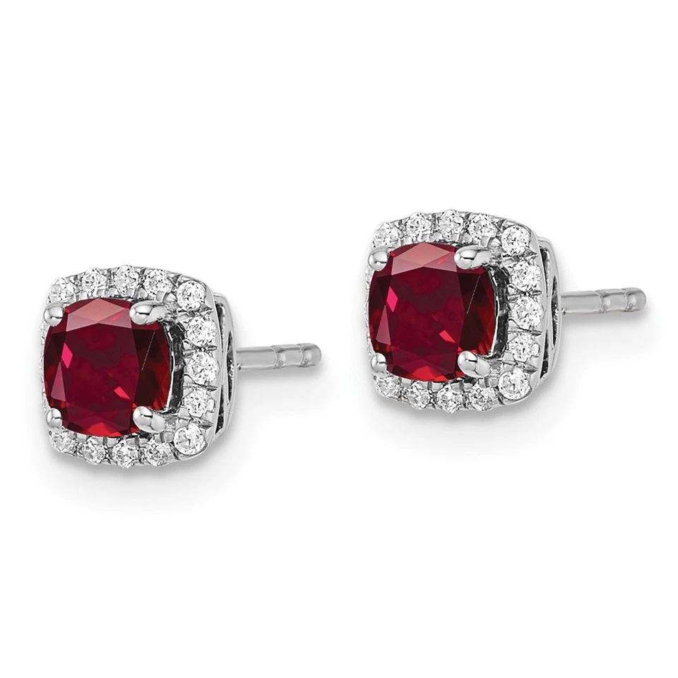 10k White Gold 1/10 Ct Lab Grown Diamond and Lab Created Ruby Halo Stud Earrings - Image 2 of 4