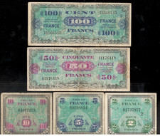 France, 1944, Allied Military Currency, 2 - 100 Francs, Lot of 5 Banknotes, F-VF
