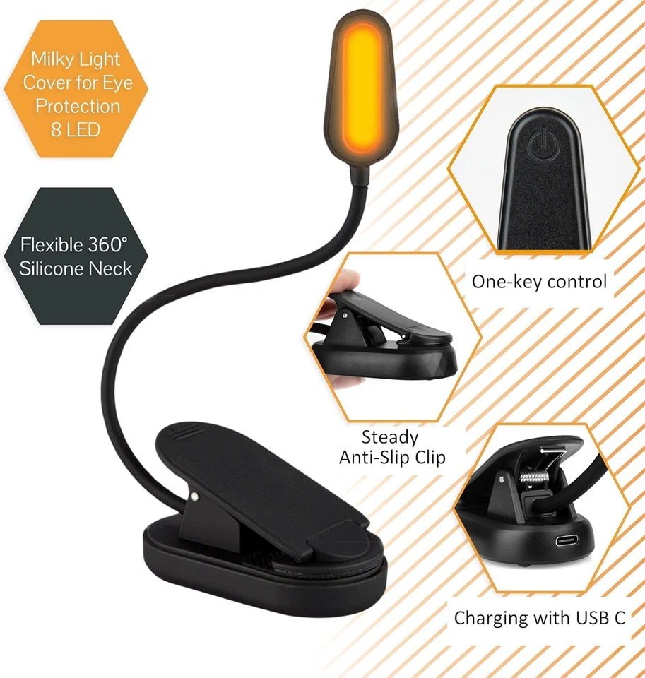 Luz de libro con luz azul que bloquea luces de cama con clip de lámpara LED ámbar en libro  Foto 3 de 4