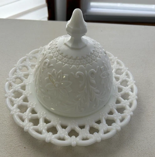 Vintage Domed Milk Glass Butter Dish w/ Open Laced Bottom