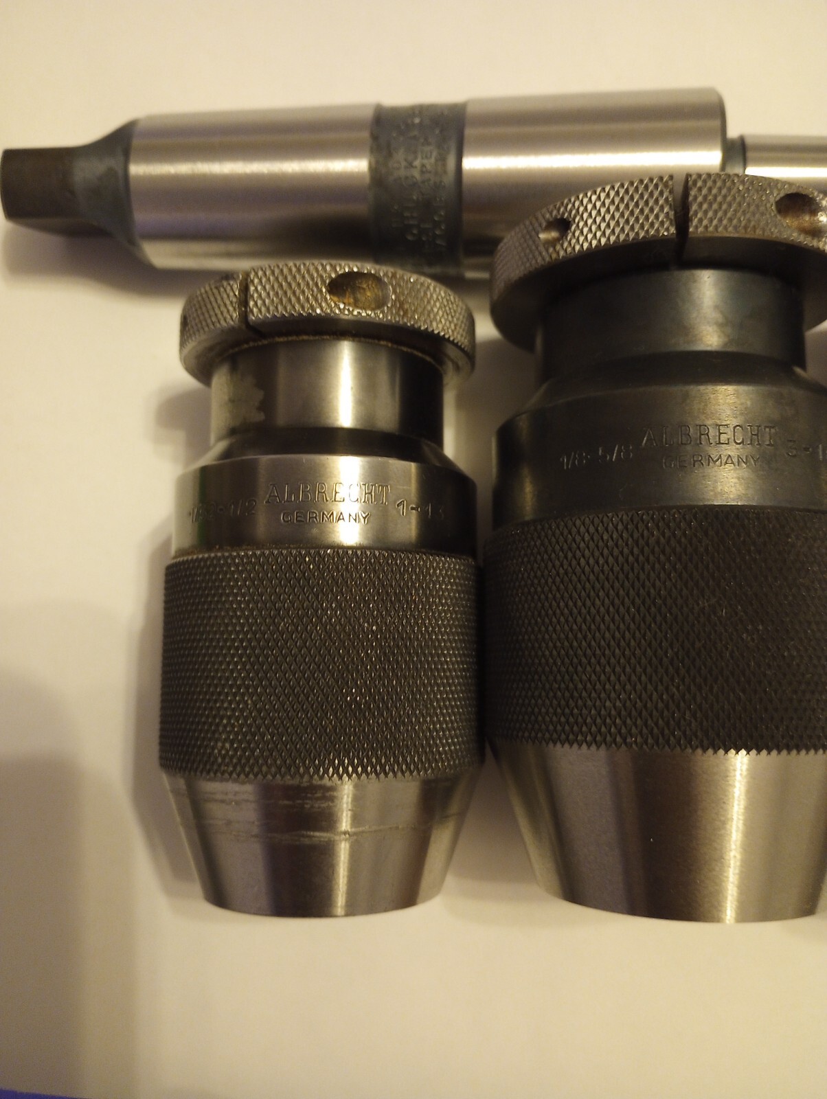 3 Albrecht Keyless Chucks, 2 used, 1 unused. 1 Jacobs Chuck Arbor. Lot