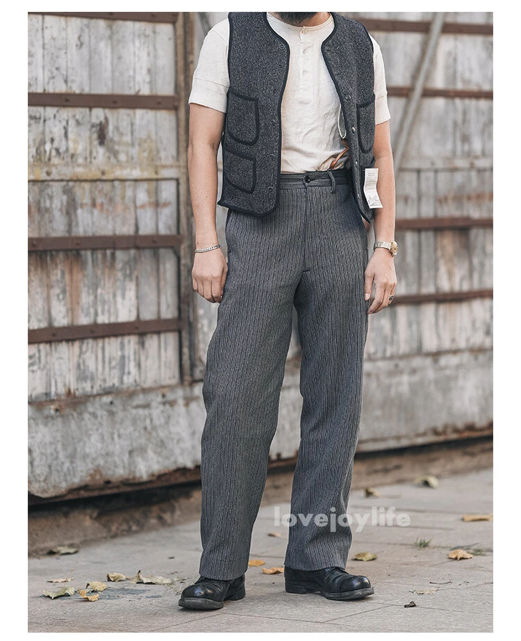 Bronson Vintage Black & Grey Striped Pants Men Suit Trousers Cotton Casual Pants - Picture 8 of 23
