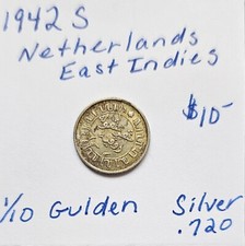 1942S Netherlands East Indies 1/10 Gulden .720 Silver KM #318
