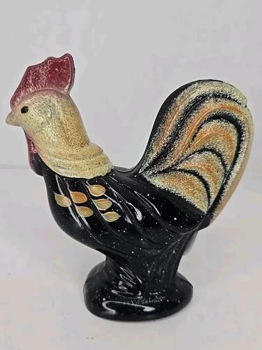 Vintage Fenton Art Glass Folk Art hand painted Black Rooster Figurine Signed 5"