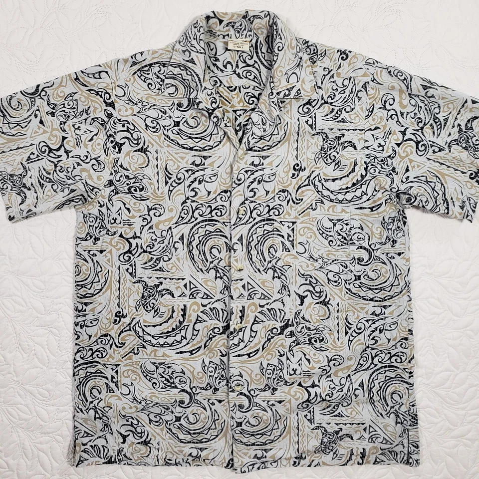Camisa Go Barefoot Para Hombres L Alta Pez Tortuga Negra Dorada Blanca Estampado Reverso Hawaii Foto 3 de 4