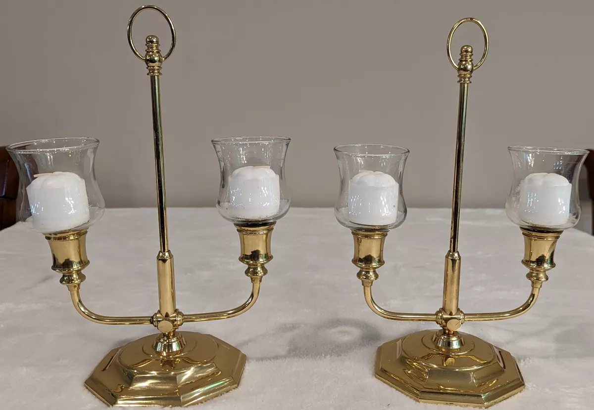 Two Vintage Adjustable Brass Candelabra 2 Arm W Globes 11