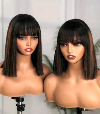 Hervorgehobene peruanische unverarbeitete Echthaar Middle Lace YAKI Perücke mit Pony 10''
