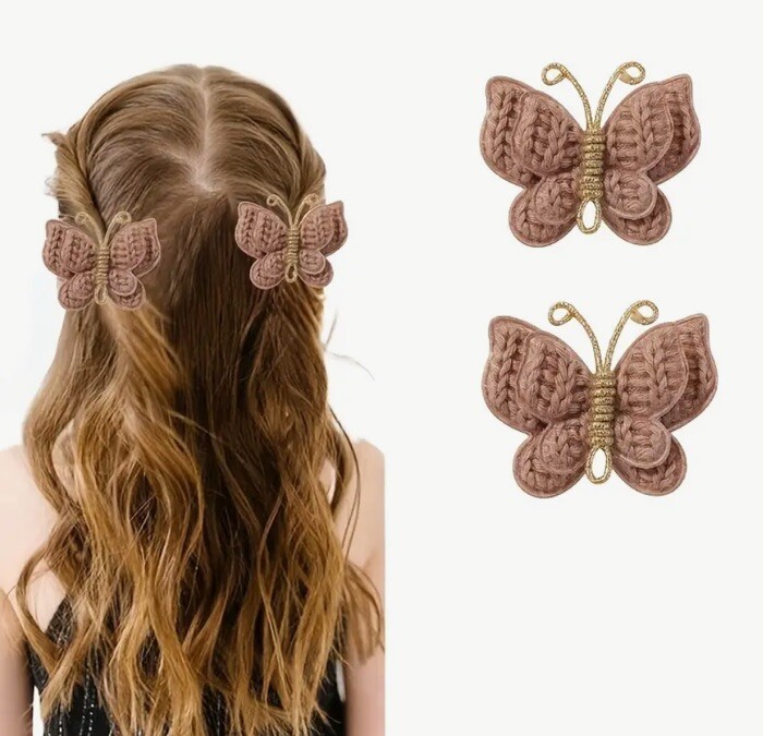 Girls Adorable Brown & Gold Crochet Butterfly Knit Hair Clip Set
