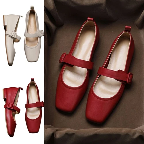 Damenschuhe eckige Zehenpartie Mary Jane Party flache Slipper Knöchelriemen Pumps - Bild 2 von 41