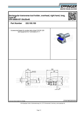 VDI30, turning tool holder, right hand, long, Type B7, 20mm, 222.105.150