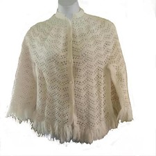 Vintage Cottagecore Hand Crocheted Grandma Sweater Cape Button Up Off White OS