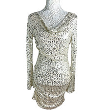 Silver Sequin Mini Dress Women’s UK Size 8 Flared Long Sleeve Cowl Neckline