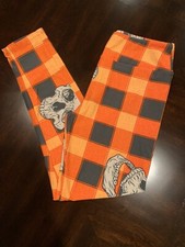 Lularoe OS Leggings Halloween Skulls Plaid Orange HTF UNICORN