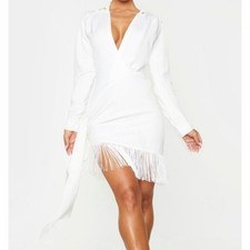 PrettyLittleThing US 8 White Fringe Wrap Mini Dress Long Sleeve Side Tie Collar