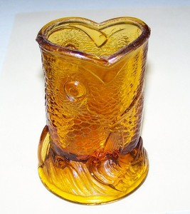 Antique Amber Glass EAPG Toothpick Holder Fish