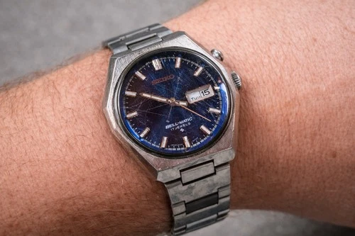 Vintage 1970s Seiko Bell-Matic 17J Automatic Alarm Watch Blue Dial Runs