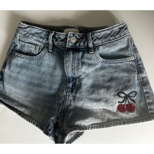 PacSun High Rise Festival Denim Shorts Light Wash Cherry Embroidery Womens 25