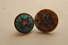 (2) Antique Porcelain & Blue Guilloche Enamel Hand Painted Floral Buttons