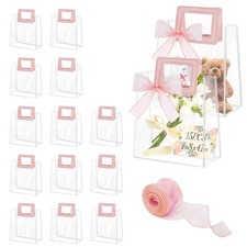 15 Pcs 7x8x4In Clear PVC Gift Bags, Medium, Handles, Ribbon, Reusable Plastic