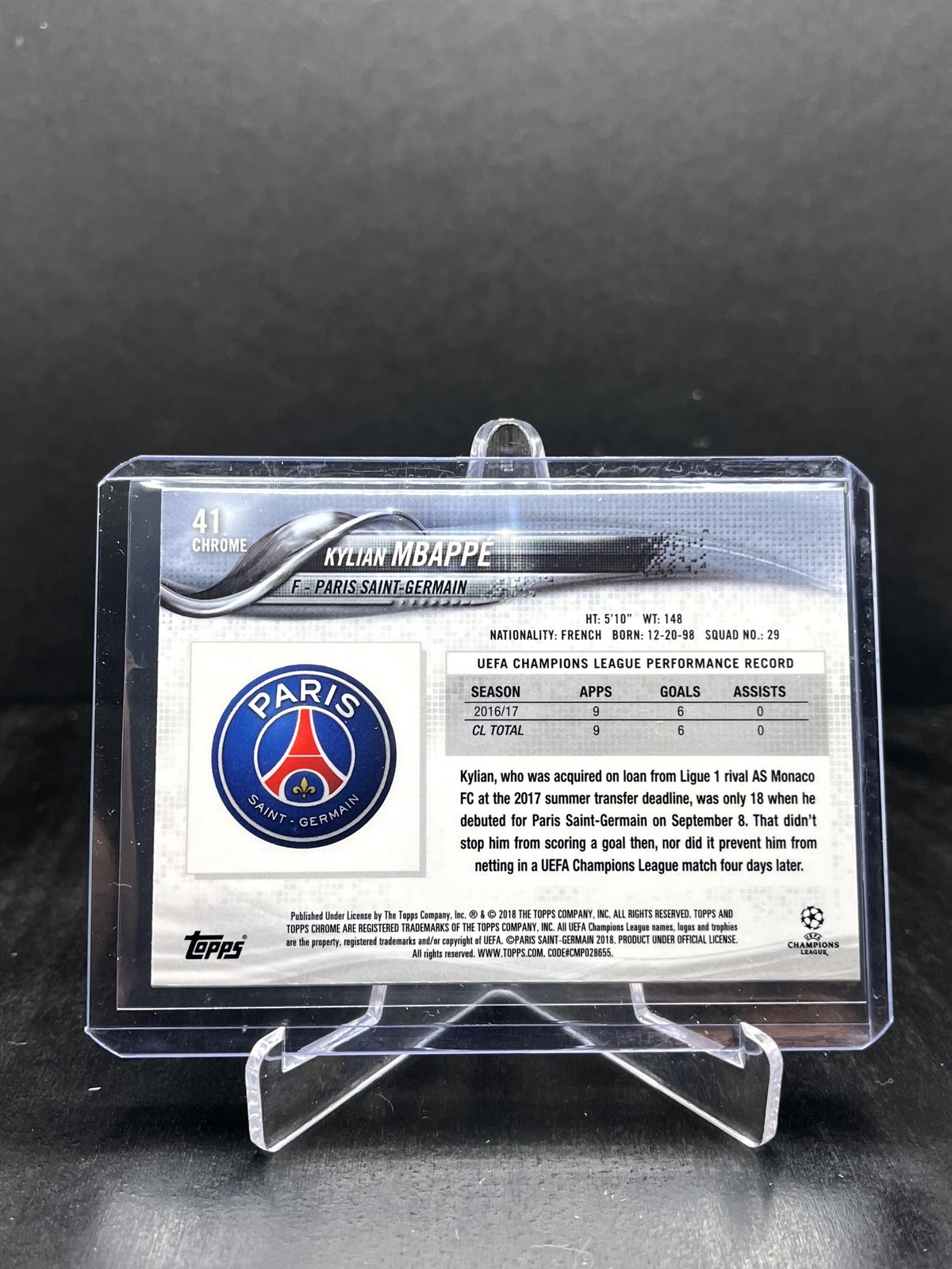 2017-18 Topps Chrome UEFA Soccer Kylian Mbappe RC Rookie #41 (B) view 2