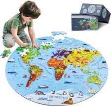World Map Jigsaw Puzzle for Kids 4-8, 70 Piece Large Round Floor Puzzles for...