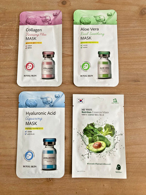 4 Korean Face Sheet Masks - Hyaluronic Acid, Collagen, Aloe Vera & Other