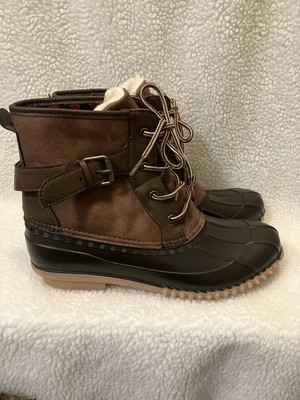 NEW Steve Madden Women s 9.5 Boots BLK Rubber BRWN Suede Rain Boot Buffalo Plaid