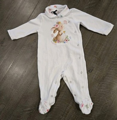 MONNALISA Baby Girl Footed Sweet Bunny 1 Pc  White /Pink Sz 6 Months NWT 