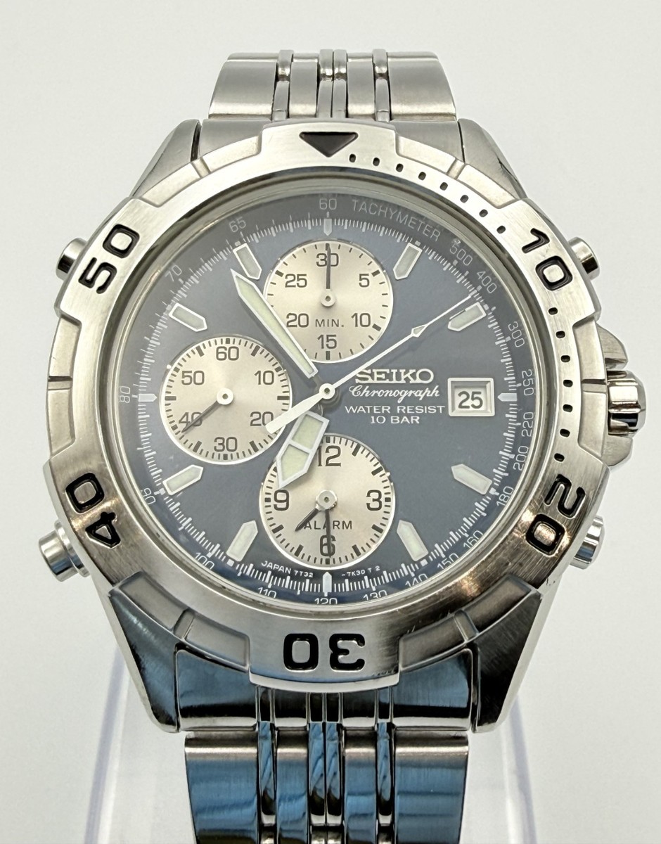 Seiko Chronograph 7T32-7G50 Blue Dial Quartz 100M Date Mens Watch