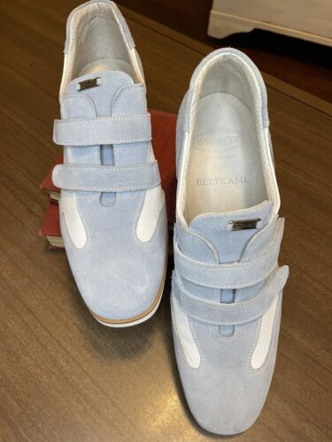 Mocasines Beltrami de cuero con gancho y bucle para mujer 7,5-38,5 Italia azul blanco dinero nuevos - Imagen 2 de 12