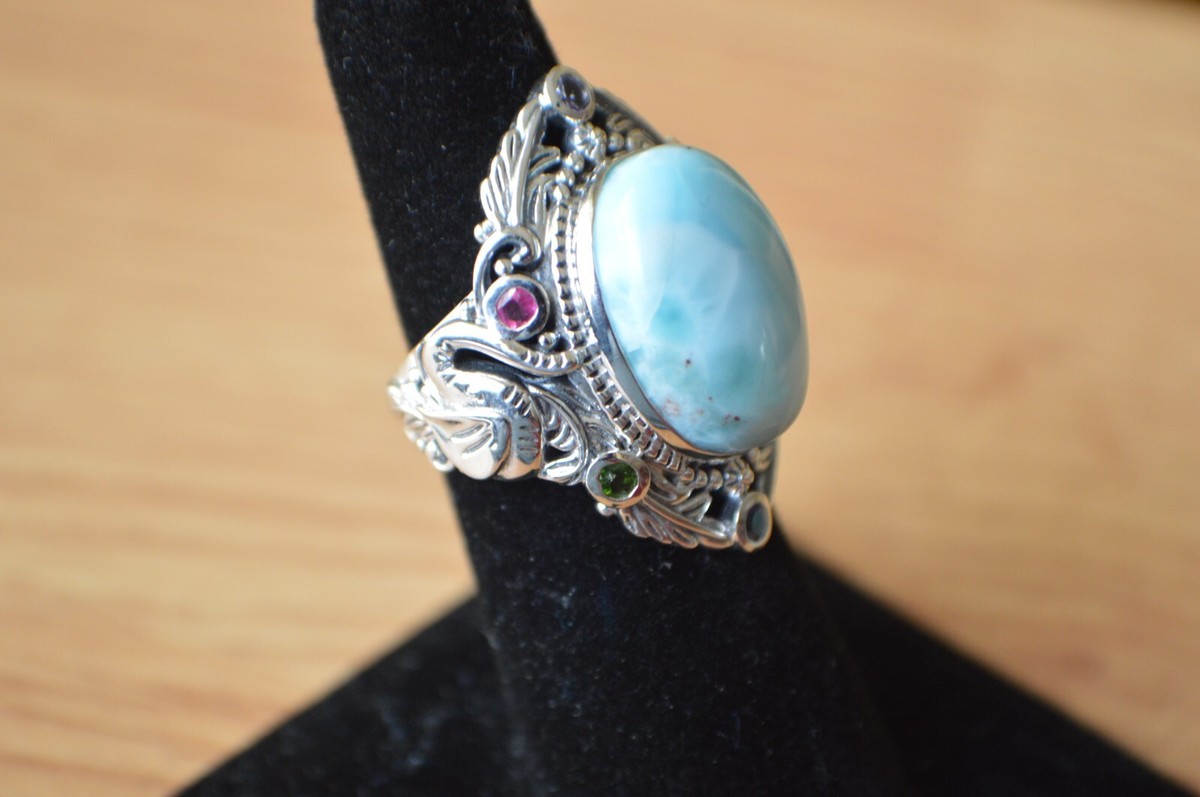 12.10ct Sky Blue Larimar / Multi Tourmaline Ring Platinum over