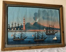 Antico quadro - Guazzo - gouache Napoli -il Vesuvio  1868 / vele