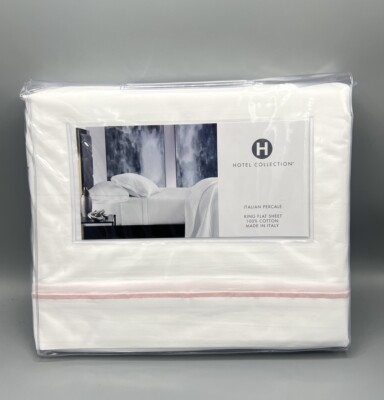 Hotel Collection Italian Percale 100% Cotton KING Flat Sheet White/Blush Pink