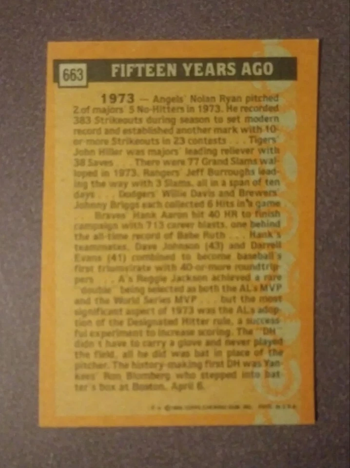 Error 1988 Topps Ron Blomberg New York Yankees #663 Turn Back The Clock Baseball - Image 2 of 2