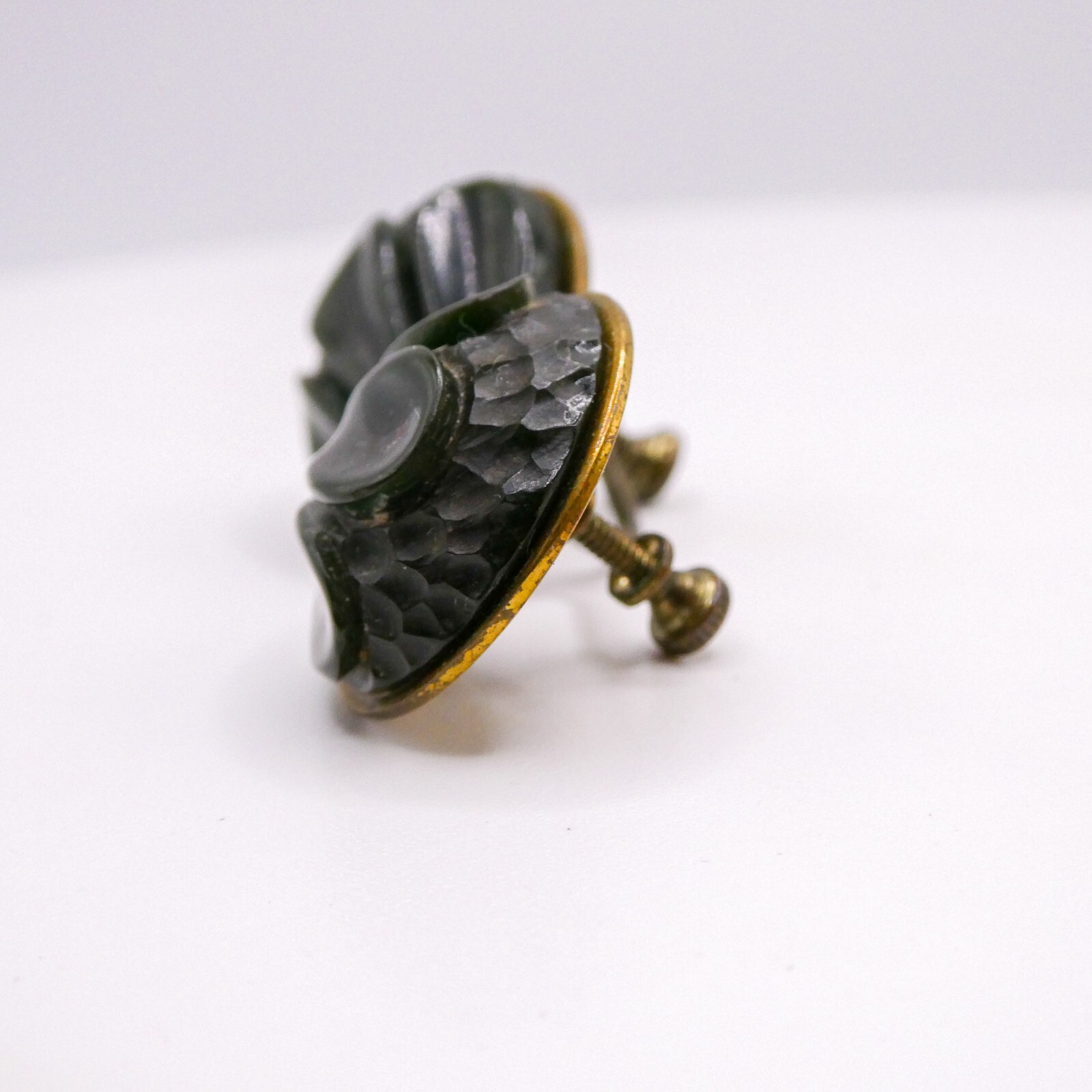 Bakelite Green Deep Carved .7" Button Earrings Sc… - image 12