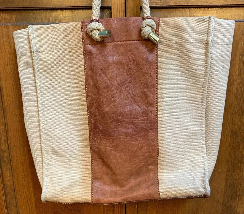 Nicole Miller Barco Y Bolso de Mano Lona Algodón Cuero Playa Marfil Marrón Foto 2 de 4