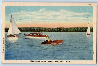 #ad Evansville Wisconsin WI Postcard Greetings Canoeing Boat Lake Scenic View 1953 $12.66