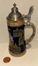 Mini, Schnapps, German Stein, Pewter Lid, features Johanneskirche in Crailsheim