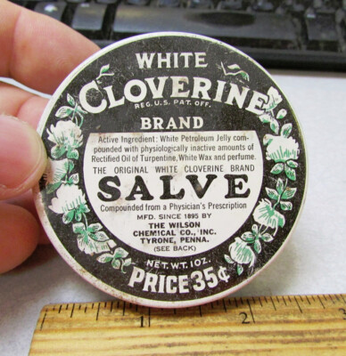 vintage EMPTY white cloverine Salve 1 oz tin, nice decor display collectible