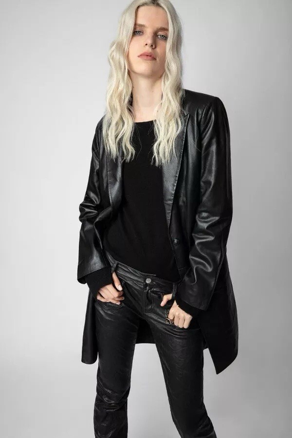ZADIG & VOLTAIRE Monarque Lamb Leather Black Long Blazer Coat Sz M Gigi Hadid image 5