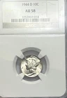 1944-D Denver Mercury Winged Head Libert Dime, NGC AU58 US 10c Silver Coin