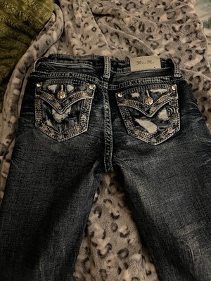 Miss Me Womens Bootcut Jeans Blue Medium Wash Distressed Rhinestone Pockets 28