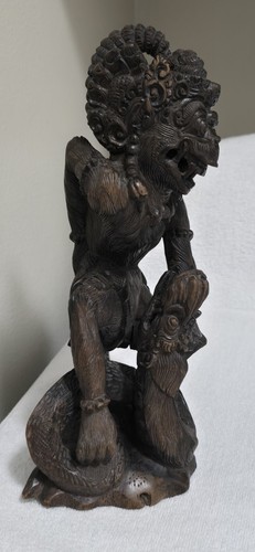 VTG Indonesia Bali Carved Wood Hindu god Hanuman Battling Naga Dragon Statue