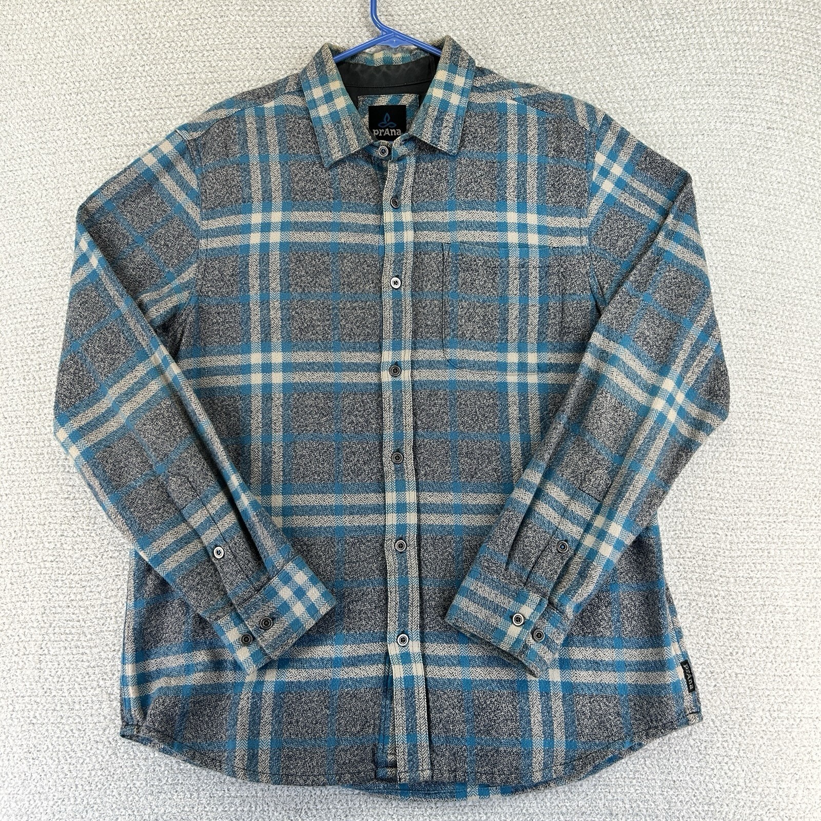 Prana Woodman Flannel Shirt Mens Medium Gray Plaid Button Up Organic Cotton