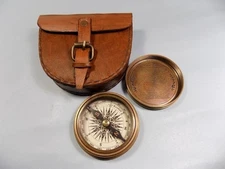 Authentic Vintage Style Brass Pocket Compass with Leather Case Rustic Vintage Ho