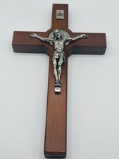 Walnut Wood Crucifix with Two Sided Silver Saint Benedict Medal and Corpus 9”