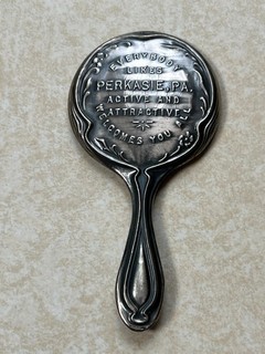 Vintage Early 1900's Metal Souvenir Hand Mirror Perkasie Pa.