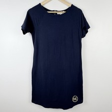 Michael Kors Dress Womens S Navy Blue Stretch T Shirt Shift MK Logo Gold