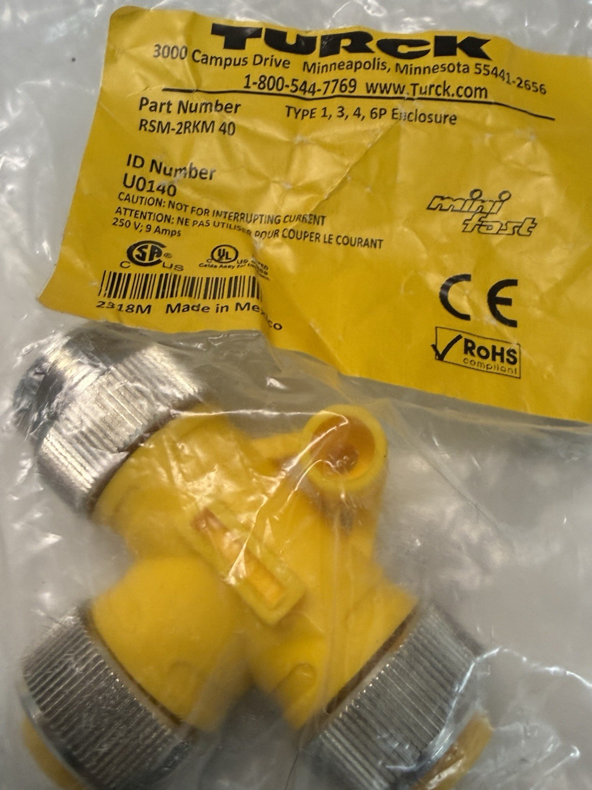 Turck RSM 2RKM 40 / U0140 Actuator/ Sensor "T" Splitter 4-Wire
