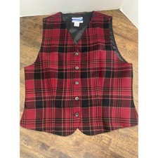 Pendleton Wool Plaid Vest Red Black Button Front Made in USA Women Size 8